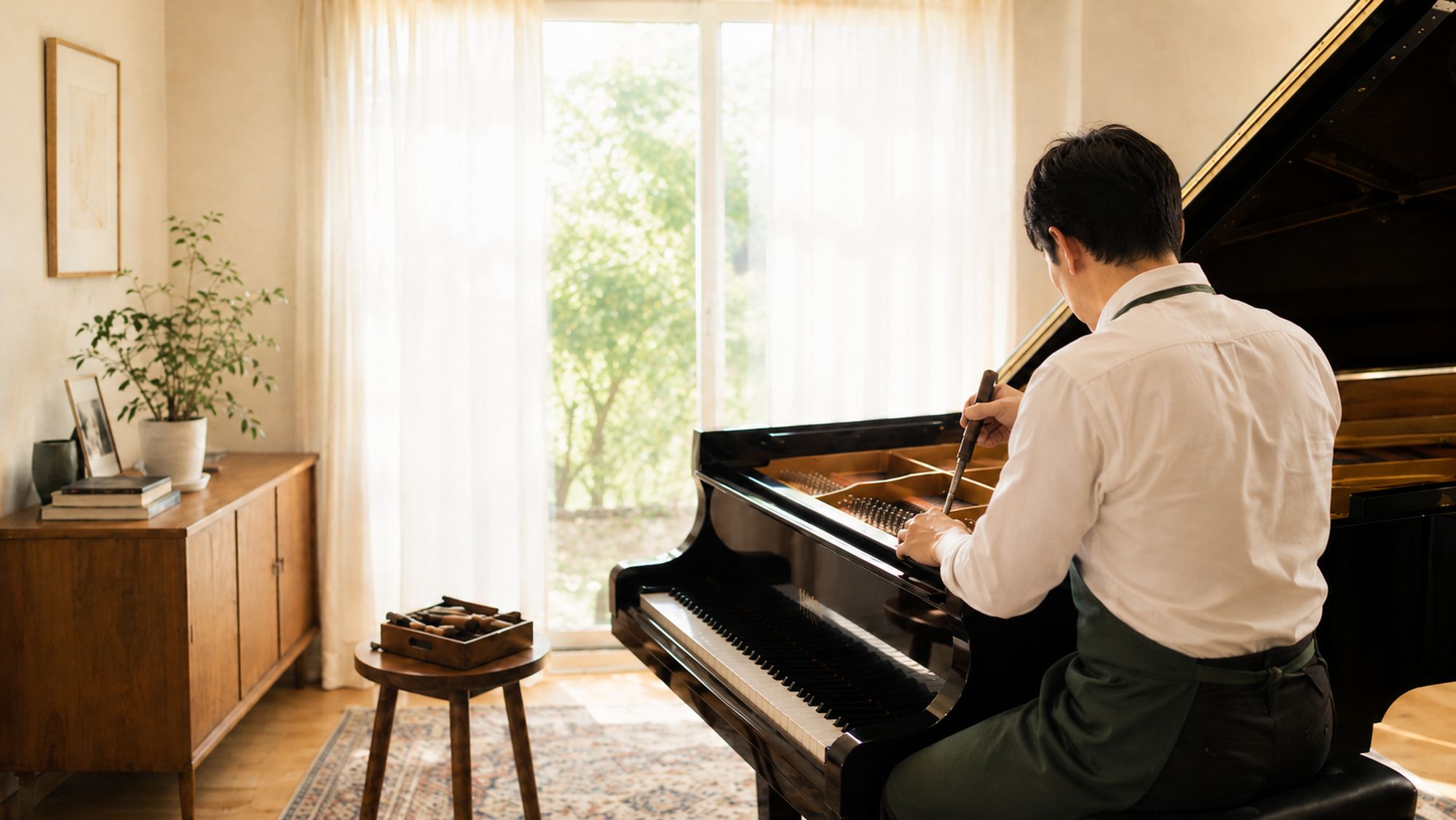 自然光の入る部屋で、調律師がグランドピアノを調律している後ろ姿